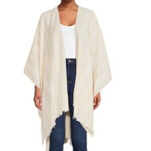 Time and Tru Women's Fringed Stripe Ruana, Ivory Wrap Shawl Rebozo